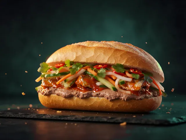 Bánh mì kẹp cá mòi sốt cà với pate, dưa leo, đồ chua và rau thơm