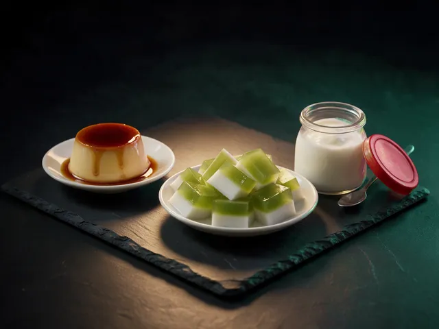 Một cái bánh flan trên đĩa nhỏ, đĩa rau câu dừa lá dứa cắt miếng và hũ sữa chua thủy tinh nắp đỏ